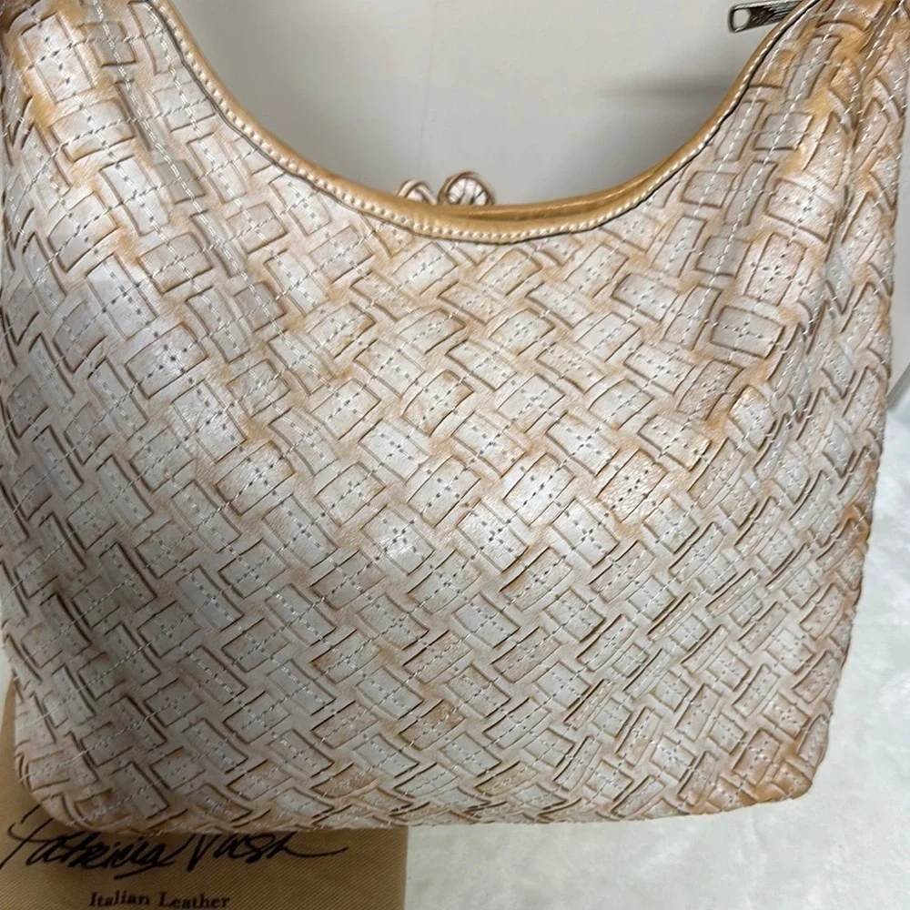 PATRICIA NASH White & Brown BRAIDED STITCH Leather MARCELLINA Hobo Bag